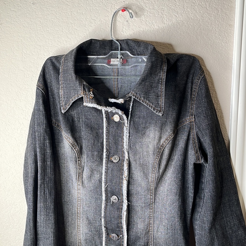 Connection 18 Distressed Black Denim Duster with White Fringe - Picture 3 of 5
